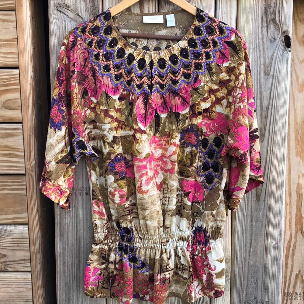 CHICO’S Keyhole Front Cinched Waist Top